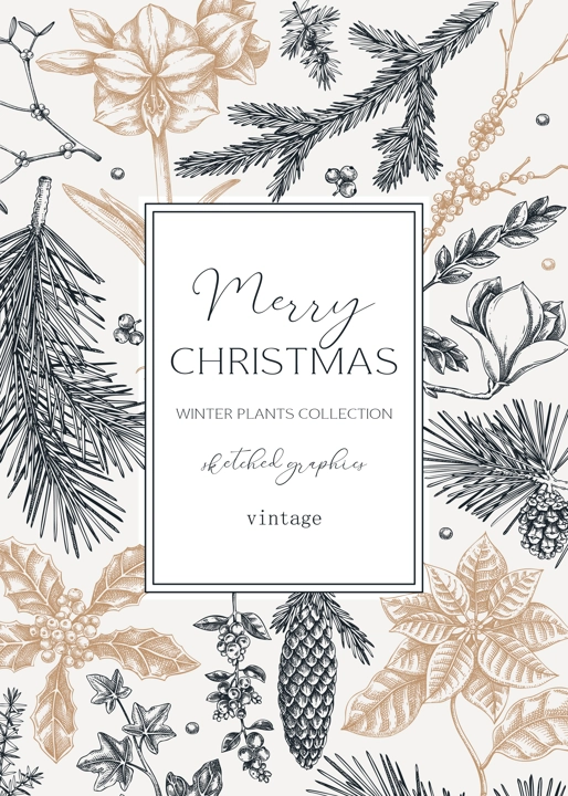 Vintage Christmas card design. Winter nature frame template. Conifer trees, winter flower sketches. Hand drawn vector illustration. NOT AI generated